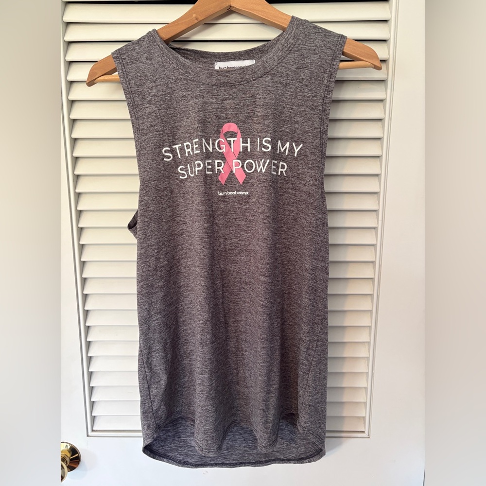 Strength Is My Super Power Gray Muscle Tee with Pink Ribbon